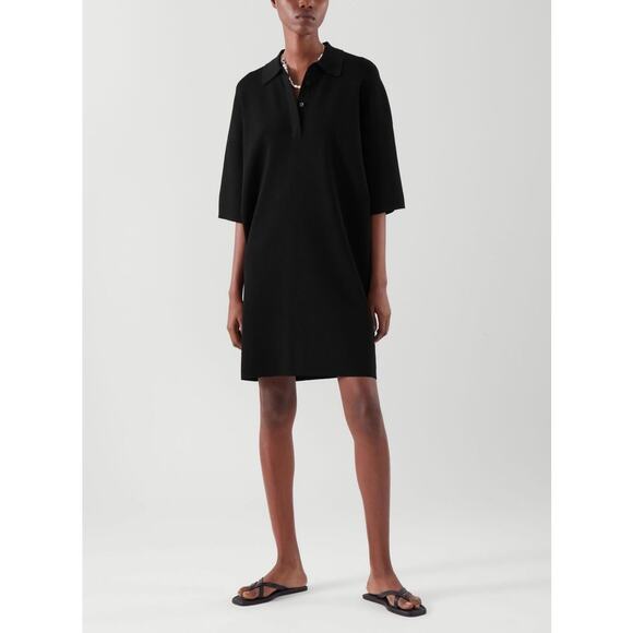 COS Knitted Polo Dress Womens XS Black Short Sleeve Collared Short Mini - Picture 1 of 13
